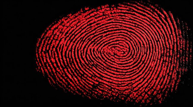 Close-up of a red fingerprint on a black background.  Intricate whorl pattern is detailed.  Dark red color creates strong contrast - Powered by Adobe