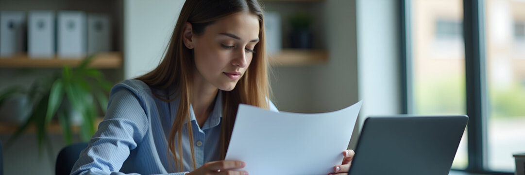 A serious young female manager is deeply focused on a legal document, using her laptop at the office desk. The composition embraces negative space, emphasizing her concentration and offering room for 