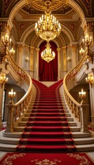 Fototapeta premium Elegant grand staircase with golden accents and red carpet in luxurious interior, stunning lighting and ornate details