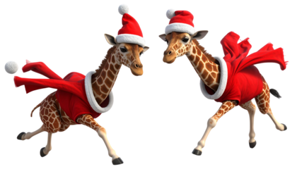 Christmas giraffe in Santa outfit isolated on transparent background