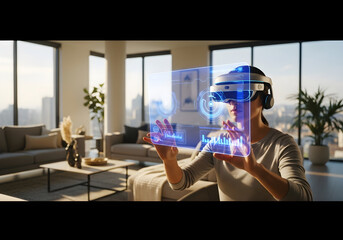Woman using virtual reality headset, interacting with holographic data in modern living room.
