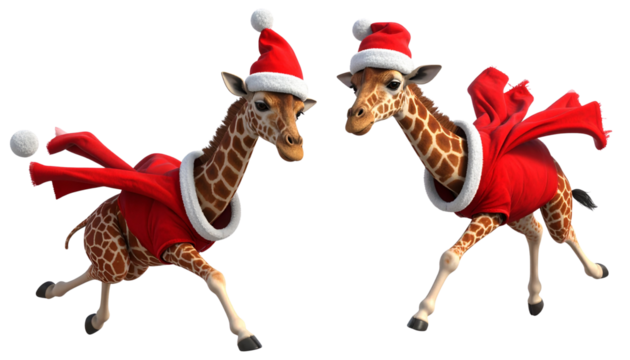 Christmas giraffe in Santa outfit isolated on transparent background
