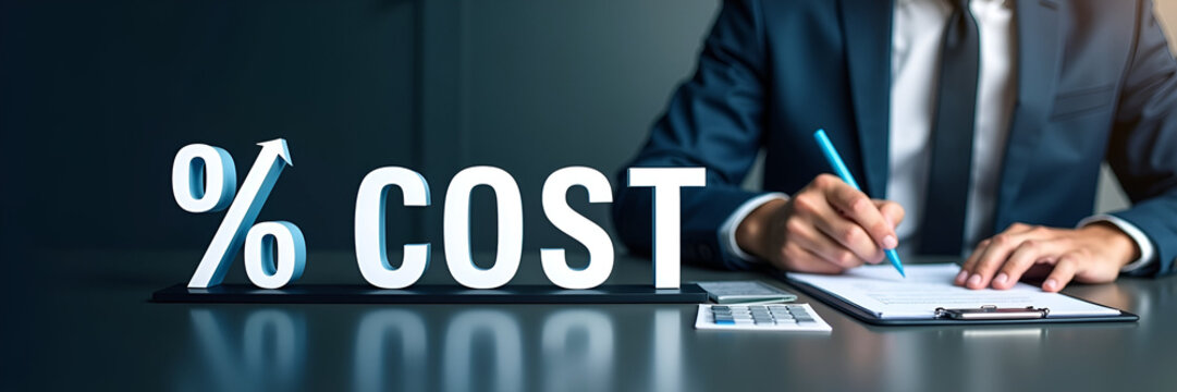 A businessman works diligently to develop a cost reduction strategy. The word COST appears prominently, with a down arrow reflecting economic recession themes. Theres defined space for promotional tex