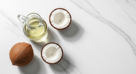 A glass pitcher of light yellow oil a whole brown coconut and two coconut halves on a white marble surface