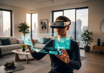 Man using virtual reality headset interacting with holographic data in modern living room.