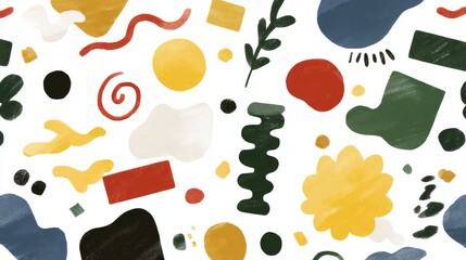 Hand-painted organic and stylized coral shapes in pink, blue, yellow, and red are prominently featured in a lively watercolor abstract pattern on textured paper