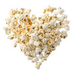 Heart shape made of fluffy popcorn kernels isolated on transparent background