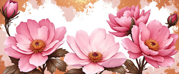 Luxury floral wallpaper featuring 3D embossed blossoms with gold, silver, and marble textures, elegant botanical mural in rich colors, abstract illustration for art prints, 4K background design