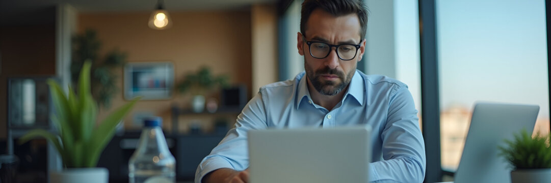 A serious business man is seated at his desk, utilizing a laptop diligently while donning glasses, amidst an office setting that allows for ample negative space to convey focus.