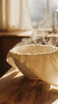 Steaming bowl with cloth cover symbolizing homemade cooking and warmth