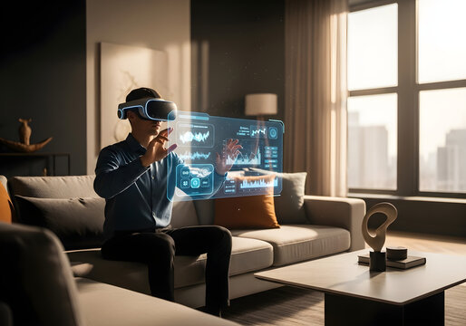 Man using virtual reality headset analyzing data, futuristic interface in modern living room. - Powered by Adobe