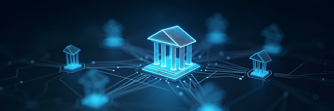 A holographic bank icon manifests multi-connected digital services, symbolizing banking digitization, composed with clean lines and ample copy space for text additions.