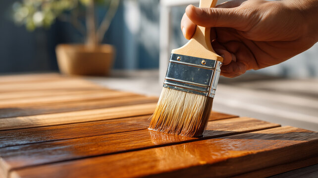 Hand applying oil to wooden sunbed with a brush on a sunny day