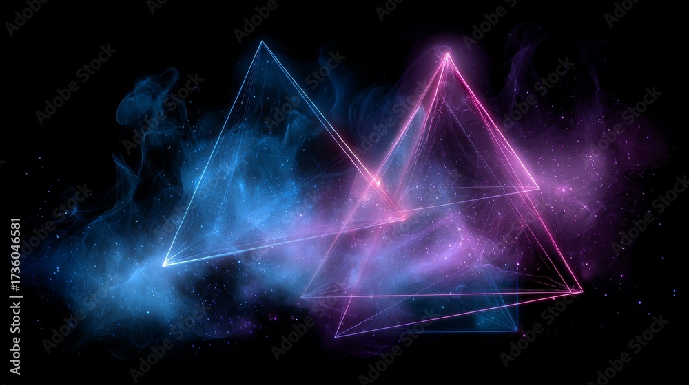 Wall mural glowing pink and blue neon triangles intersect to form a dynamic abstract background set against the