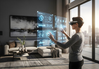 Woman using virtual reality headset interacting with holographic data display in modern living room.