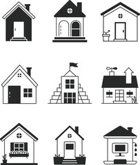 Large Black and White Silhouette Set of Diverse Residential House Icons, Architectural and Real Estate Vector Collection for Property and Dwelling