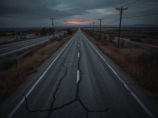 Fototapeta premium Long cracked desert road stretching towards a dramatic sunset under a vast, cloudy sky, evoking travel.
