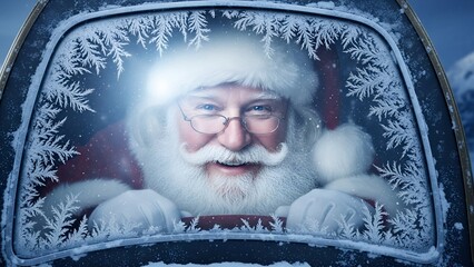 Santa Claus smiles warmly from a frosted sleigh window, ready for Christmas Eve.