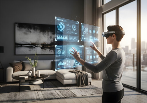 Woman using virtual reality headset interacting with holographic data display in modern living room.