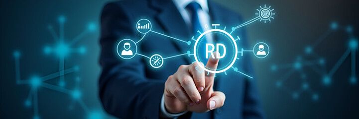 Obraz premium Businessman interacts with R&D icons on digital interface representing research and development innovation technology and human resources for strategic growth. concept as Businessman interacts with R&