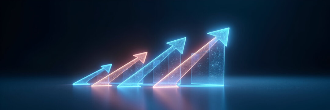 A glowing holographic flowchart depicts the customer journey with upward arrows indicating progression, creatively arranged with abundant space for promotional text.