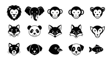 Obraz premium Animal faces vector illustration lion elephant monkey fox panda dog cat bird fish wildlife zoo cartoon cute
