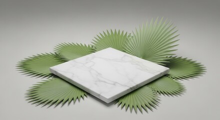 A square white marble slab with gray veining is centered on a light gray surface surrounded by multiple green fan-shaped leaves Soft shadows are visible