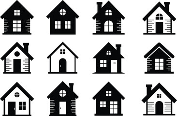 Black Silhouette Set of Traditional House Icons, Residential Home and Cottage Style Architecture Vector Collection for Real Estate and Property Graphics