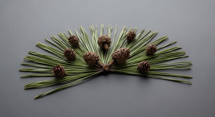 A symmetrical arrangement of green pine needles fanned out adorned with small brown pinecones all resting on a smooth dark gray surface