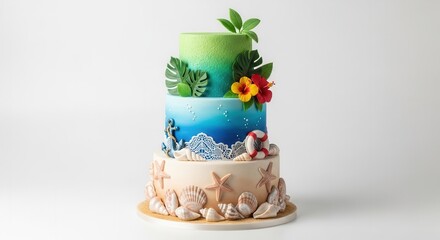 A three-tiered cake with a tropical and nautical theme on a white background Top tier is green middle blue with ocean elements bottom sand-colored with seashells