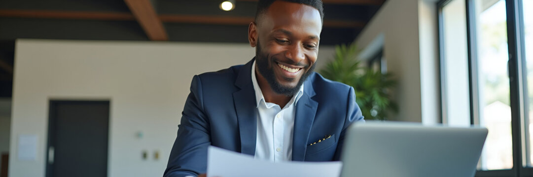 Happy busy young African business man checks documents while working on laptop in office smiles as businessman accountant company employee reads law paper corporate finances invoice report concept as 