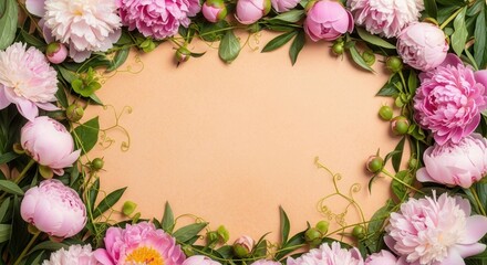 A top-down view of pink and white peonies buds and green leaves forming a frame around a blank light orange background