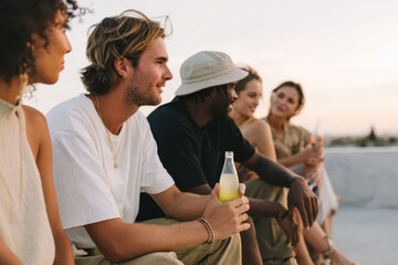 Group of friends sitting on a rooftop, chatting and enjoying each other's company. Warm and friendly atmosphere, ideal for lifestyle, urban, and social gathering concepts.