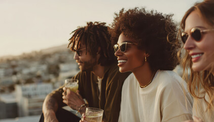 Friends enjoying a rooftop hangout, sharing laughs and drinks. Relaxed and heartfelt atmosphere, perfect for social, urban lifestyle, and outdoor leisure concepts.