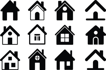 Black Silhouette Set of Simple Home and House Icons, Minimalist Residential Building and Real Estate Vector Graphic Collection for Property Symbolism