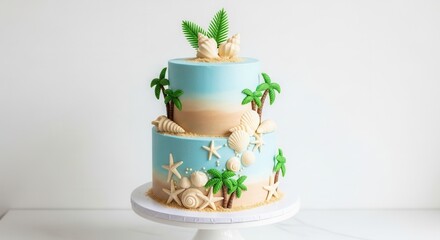 A two-tiered cake decorated with blue and sand-colored frosting adorned with white shells starfish green palm trees and sand crumbs on a white cake stand
