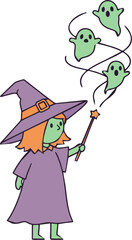 Cute Witch with Green Skin Casting Spell on Swirling Ghosts with Magic Wand