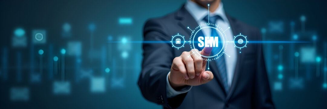 Businessman points to SEM icons on digital interface representing search engine marketing SEO strategies and online advertising rankings. concept as Businessman points to SEM icons on digital interfac