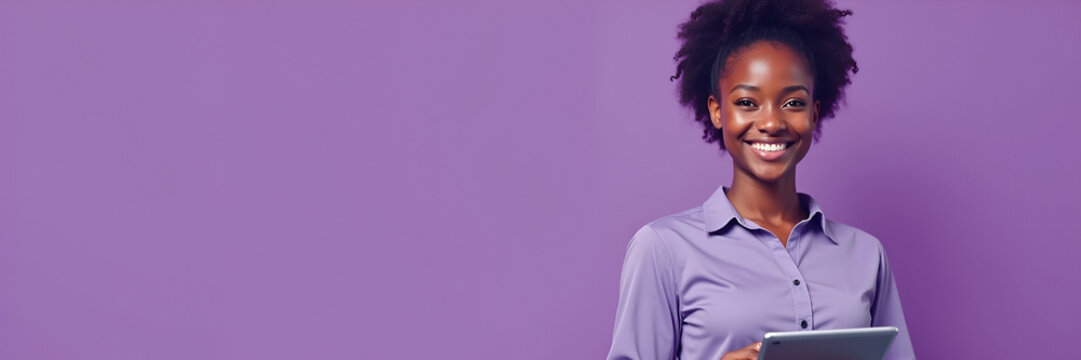 A smiling young African American female student stands confidently with a tablet in front of a purple background, representing modern professionalism. The composition includes ample copy space for edu