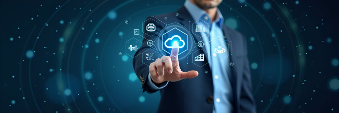 Businessman interacting with holographic SAP system interface displaying SAP Application Products business process automation AI integration cloud computing icons symbolizing modern enterprise solutio