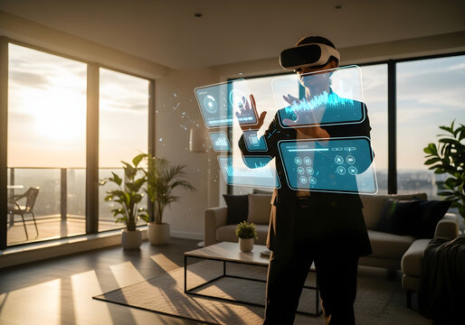 Man using virtual reality headset analyzing data visualizations in modern living room interior.