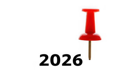 Red thumbtack with the number 2026 written next to it, isolated on transparent background