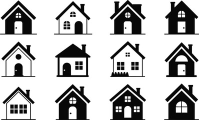 Black and White Set of Simple House Icons, Minimalist Residential Building Silhouette Vector Collection with Chimneys for Real Estate and Property Graphics