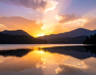 Serene Sunset Over Mountain Lake.