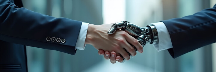 A dramatic close-up of a businessman shaking hands with a robotic counterpart, symbolizing collaboration and success, prominently featured against a transparent background, ensuring available copy spa
