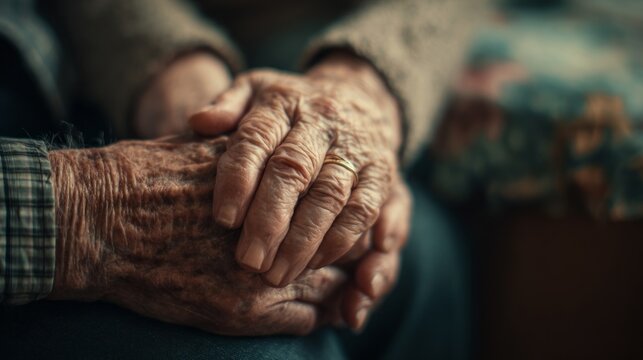 Aged hands of two individuals clasped together, revealing detailed textures and a gold ring, showcasing tenderness and connection amidst blurred surroundings with soft light and warm tones. - Powered by Adobe