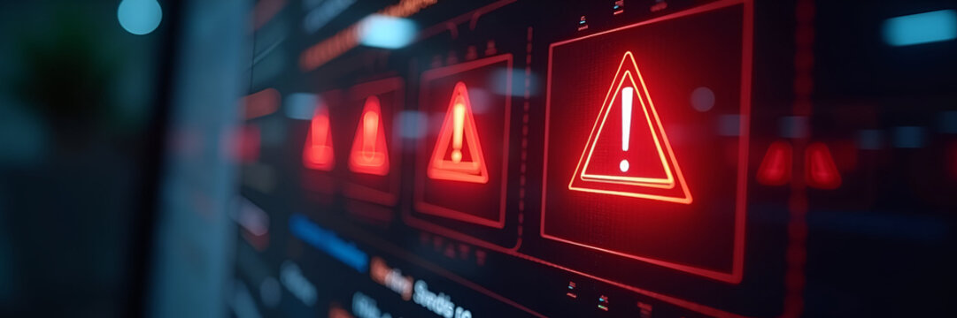 Red flashing warning icons displayed on a computer screen, integrated with holographic effects and ample copy space to accentuate the urgency around critical alerts in various scenarios.