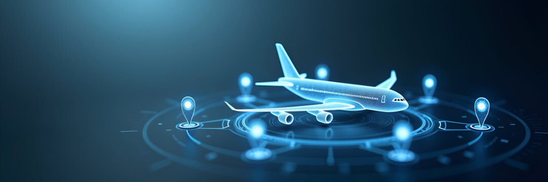 A futuristic holographic airplane icon is prominently displayed, with interactive destination markers strategically positioned around it, featuring ample copy space for messages.