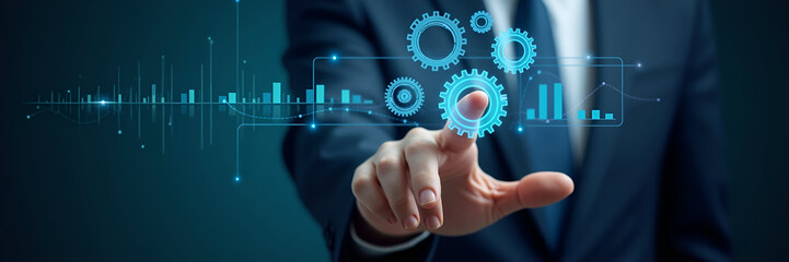 Fototapeta premium Hand interacting with holographic digital automation interface displaying gears data analysis optimization icons symbolizing business automation and process optimization in empty space concept as Hand