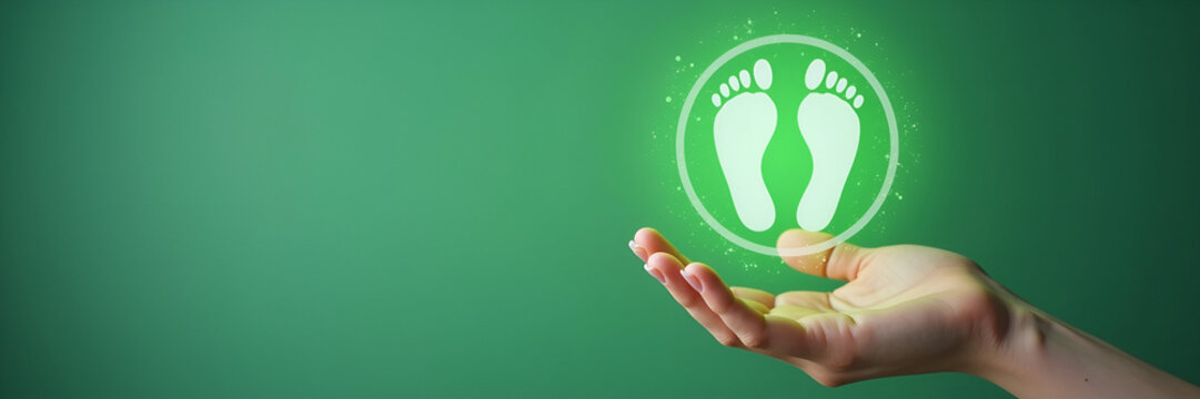 Hand holding holographic green CO2 emission symbol showing carbon footprint awareness net zero carbon neutrality icons in empty space concept as Hand holds holographic green CO2 emission symbol displa